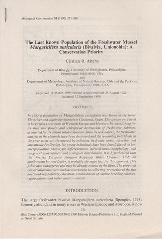 The Last Known Population of the Freshwater Mussel Margaritifera auricularia (Bivalvia, Unionoida): A Conservation Priority