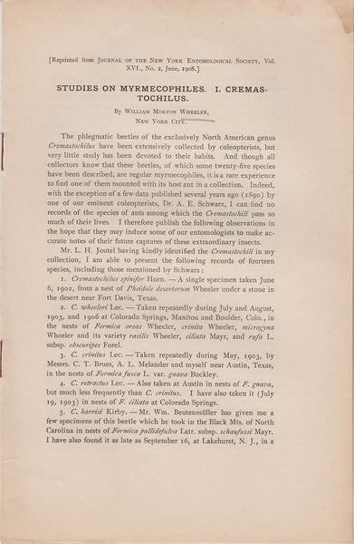 Studies on Myrmecophiles. I. Cremastochilus