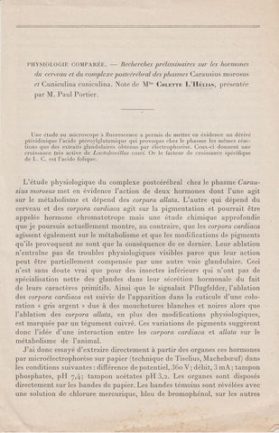 Recherches Preliminaires sur les Hormones du Cerveau et du Complexe Postcerebral des Phasmes Carausius Morosus et Cuniculina Cuniculina