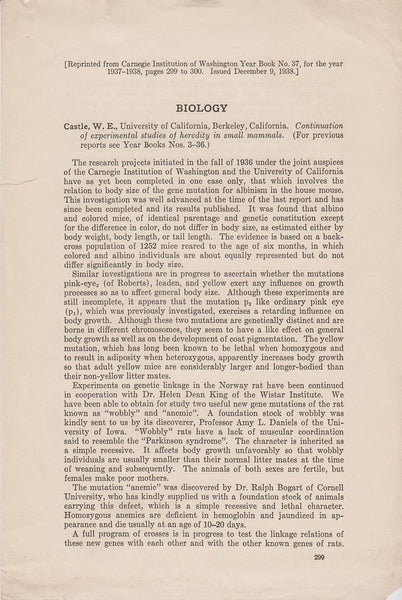 Continuation of Experimental Studies of Heredity in Small Mammals