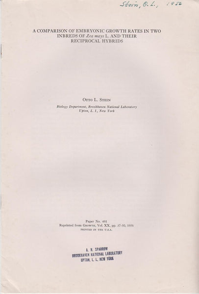 A Comparison of Embryonic Growth Rates in Two Inbreds of Zea Mays L. and their Reciprocal Hybrids