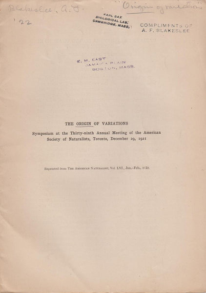 The Origin of Variations, Symposium at the Thirty-ninth Annual Meeting of the American Society of Naturalists, Toronto, December 29, 1921