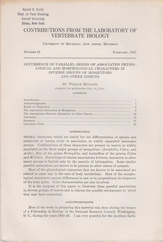 Occurrence of Parallel Series of Associated Physiological and Morphological Characters in Diverse Groups of Mosquitos and Other Insects