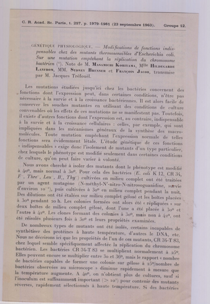 MODIFICATIONS DE FONCTIONS INDISPENSABLES CHEZ DES MUTANTS THERMOSENSIBLES D'ESCHERICHIA COLI. SUR UNE MUTATION EMP ECHANT LA R'EPLICATION DU CHROMOSOME BACT'ERIEN