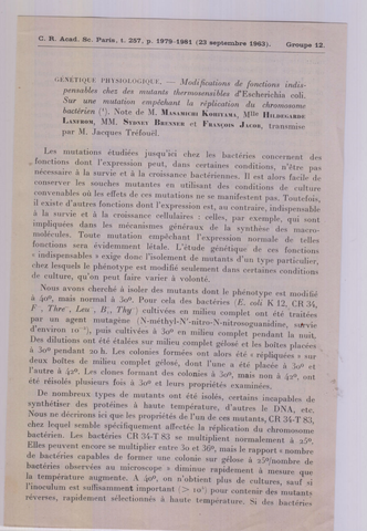 MODIFICATIONS DE FONCTIONS INDISPENSABLES CHEZ DES MUTANTS THERMOSENSIBLES D'ESCHERICHIA COLI. SUR UNE MUTATION EMP ECHANT LA R'EPLICATION DU CHROMOSOME BACT'ERIEN