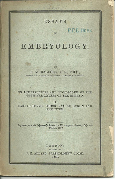 2 rare offprints On the Structure and Homologies of the Germinal Layers of the Embryo 1880, 1.  On the Structure and Homologies of the Germinal Layers of the Embryo 2. Larval Forms: Their Nature, Origin and Affinities